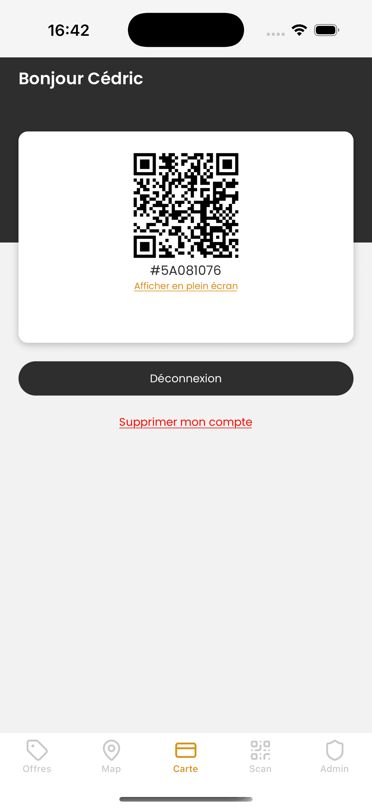 La carte de membre Contacts Avantages dans l'application